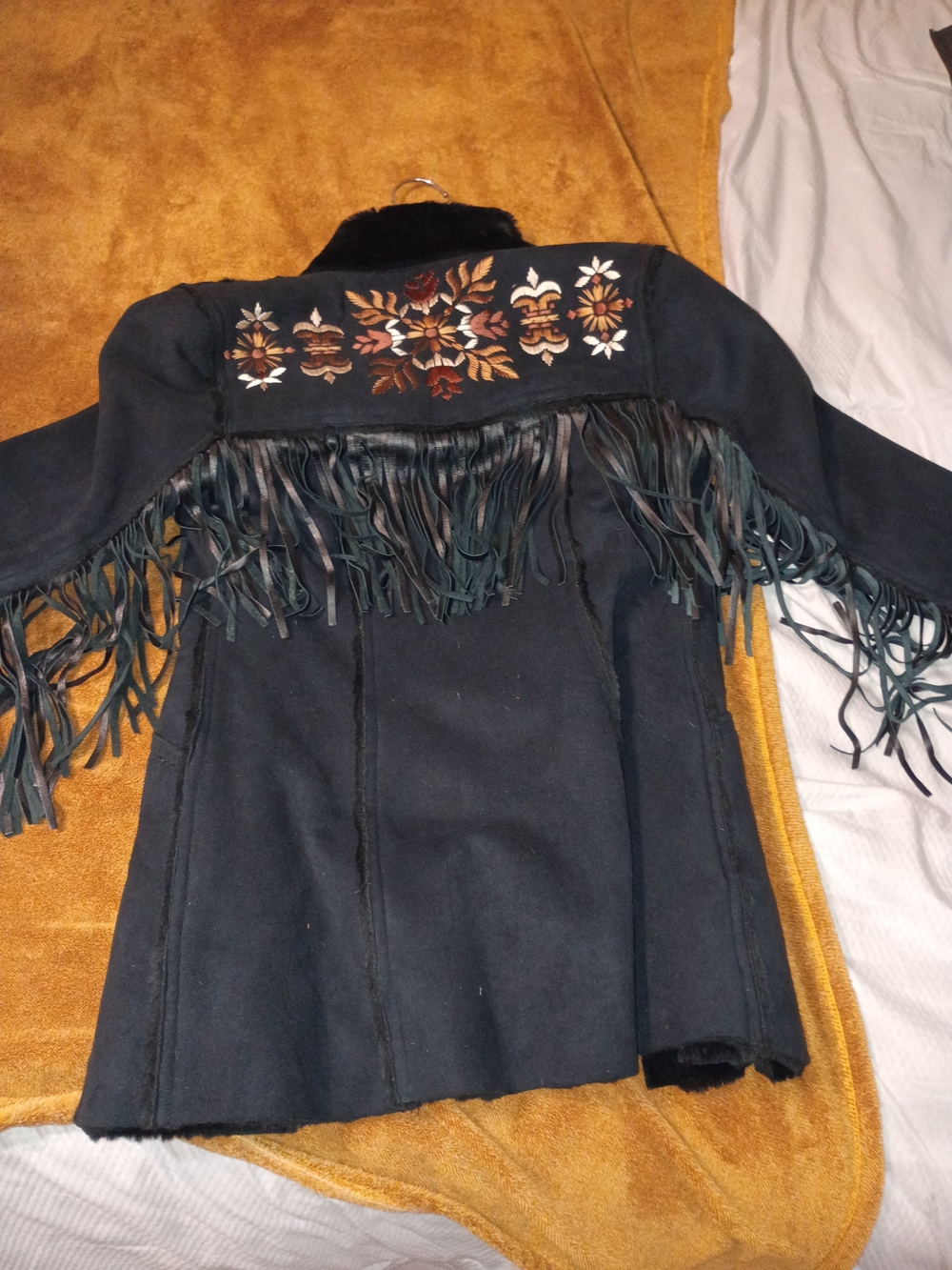 Angel Black Suede Fringe Jacket with Floral Embroidery